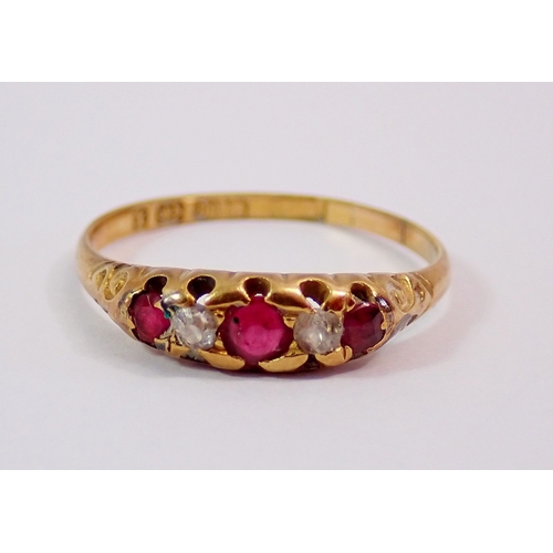 303 - A Victorian 18ct gold ring set three rubies and two diamonds, size M, 1.7g