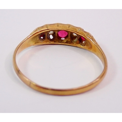 303 - A Victorian 18ct gold ring set three rubies and two diamonds, size M, 1.7g