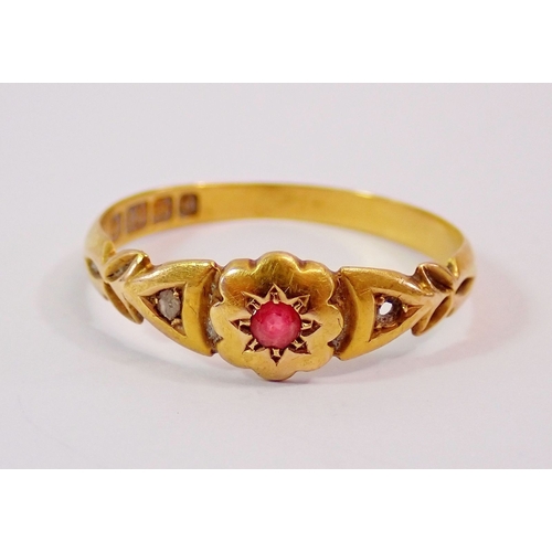 304 - A Victorian 18ct gold ring set ruby and chip diamond, one diamond deficient, size O, 1.8g