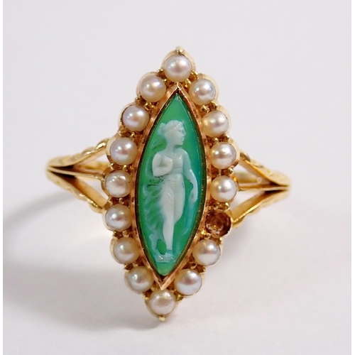 306 - An 18 carat gold marquise pearl and green cameo ring, 2.1 x 1cm, size L-M, 4.2g