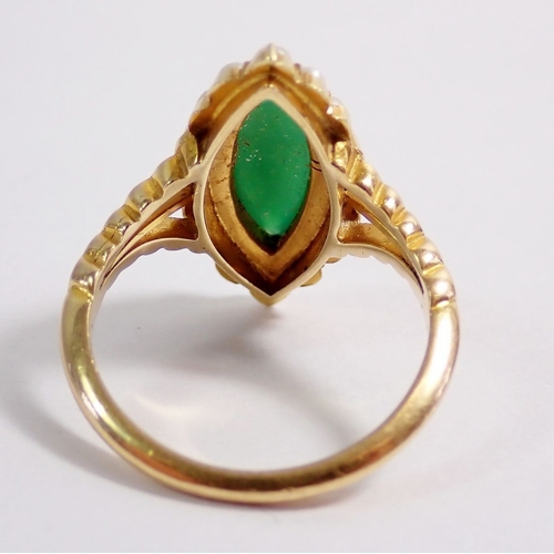 306 - An 18 carat gold marquise pearl and green cameo ring, 2.1 x 1cm, size L-M, 4.2g