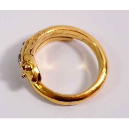 311 - A Victorian gold serpent or snake ring set diamonds to head and ruby eyes, engraved to interior 'I w... 