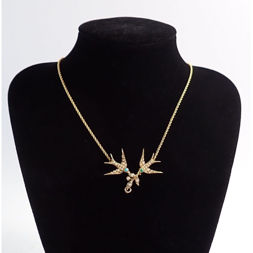 318 - A Victorian 15ct gold double bird pendant set seed pearls and turquoise, the drop missing, 8g, neckl... 
