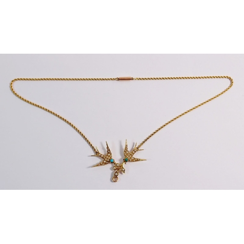 318 - A Victorian 15ct gold double bird pendant set seed pearls and turquoise, the drop missing, 8g, neckl... 