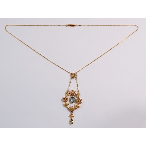 319 - An Edwardian 9ct gold pendant necklace set floral pearl clusters and aquamarine drops, drop 6.2cm, c... 