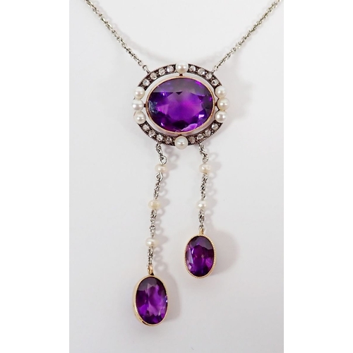 323 - An Edwardian amethyst, pearl and diamond set negligee pendant necklace, chain 80cm long, drop 5.5cm
