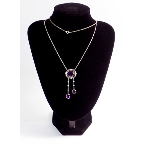 323 - An Edwardian amethyst, pearl and diamond set negligee pendant necklace, chain 80cm long, drop 5.5cm