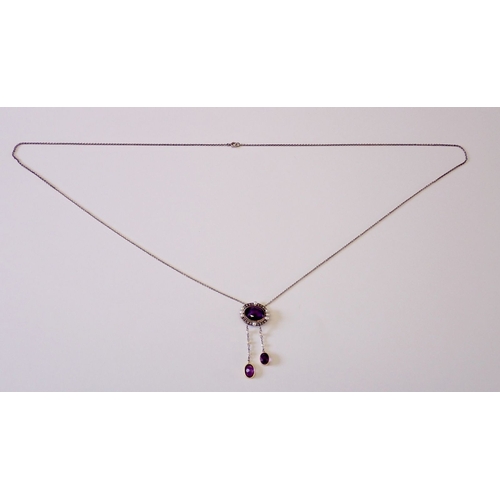 323 - An Edwardian amethyst, pearl and diamond set negligee pendant necklace, chain 80cm long, drop 5.5cm