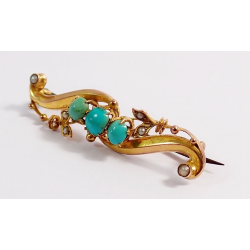 328 - A Victorian 9ct gold scrollwork brooch set three turquoise and seed pearls, 2.2g, 4cm
