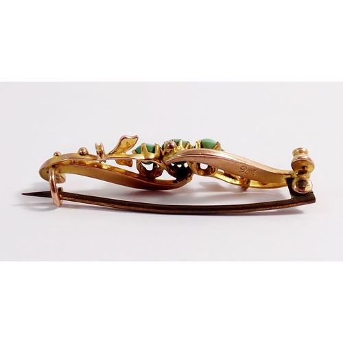 328 - A Victorian 9ct gold scrollwork brooch set three turquoise and seed pearls, 2.2g, 4cm