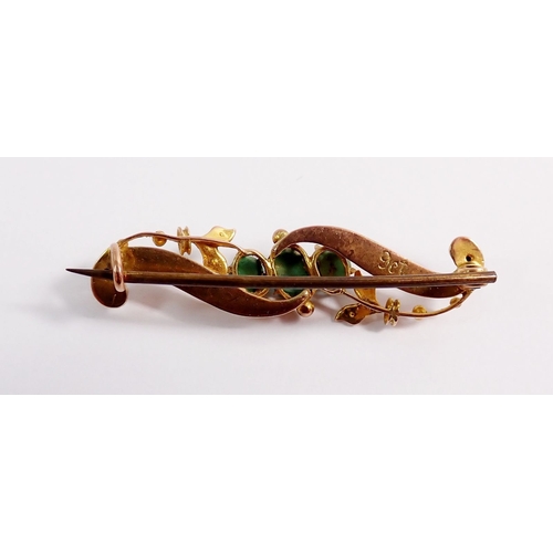 328 - A Victorian 9ct gold scrollwork brooch set three turquoise and seed pearls, 2.2g, 4cm