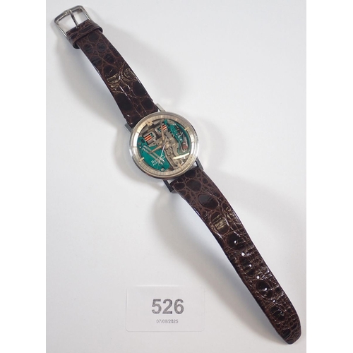 526 - A Bulova Accutron Spaceview skeleton dial stainless steel gentleman's watch on leather strap in orig... 
