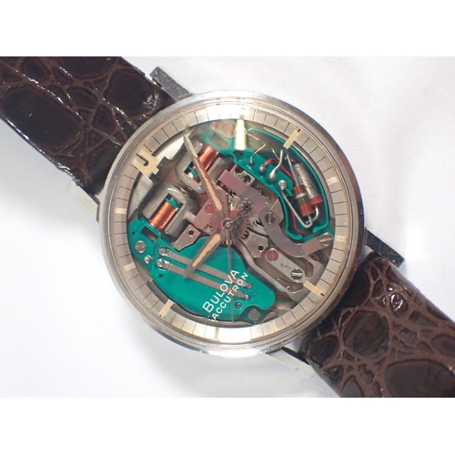 526 - A Bulova Accutron Spaceview skeleton dial stainless steel gentleman's watch on leather strap in orig... 