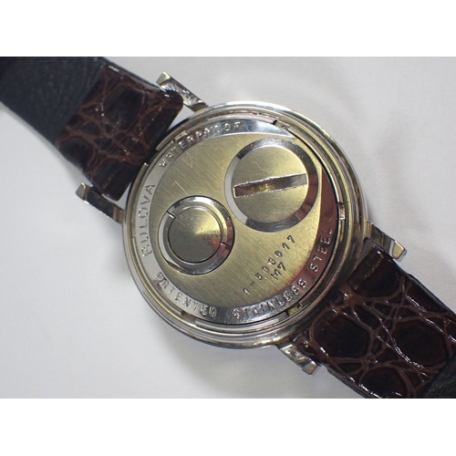 526 - A Bulova Accutron Spaceview skeleton dial stainless steel gentleman's watch on leather strap in orig... 