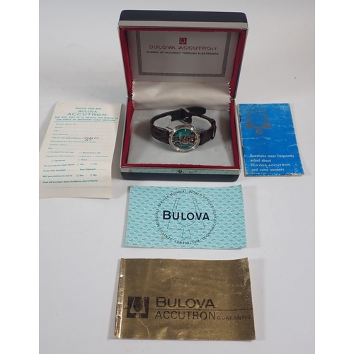 526 - A Bulova Accutron Spaceview skeleton dial stainless steel gentleman's watch on leather strap in orig... 