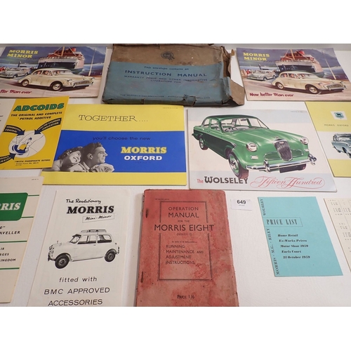 649 - A BMA Morris 8 car manual and brochures, Morris Minor sales brochures etc.