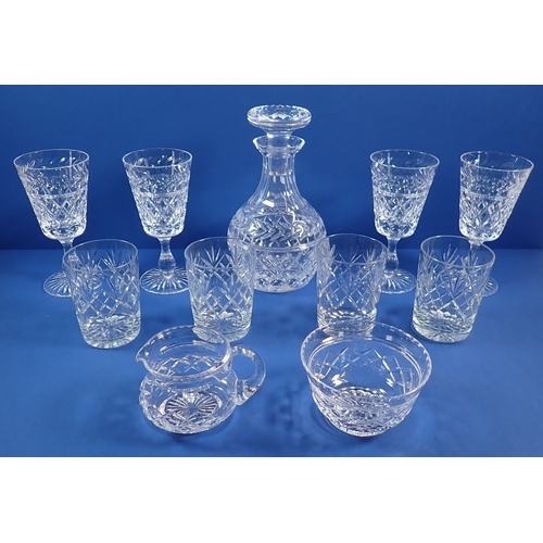 121 - A set of four Stuart Crystal wine glasses, decanter, jug and bowl plus four other whisky tumblers