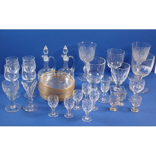 126 - A collection of antique and later glassware including rummers, ale glasses, gilt saucers etc.