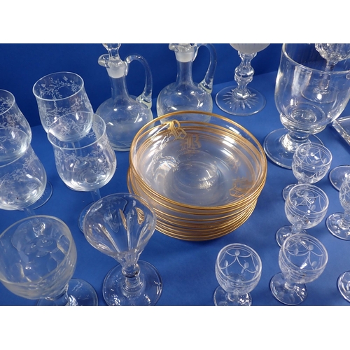 126 - A collection of antique and later glassware including rummers, ale glasses, gilt saucers etc.