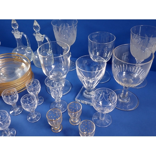 126 - A collection of antique and later glassware including rummers, ale glasses, gilt saucers etc.