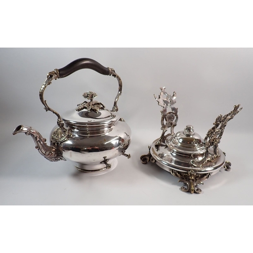 131 - A large Victorian silver plated tea kettle on stand with rose form finial and scroll supports, 45cm ... 