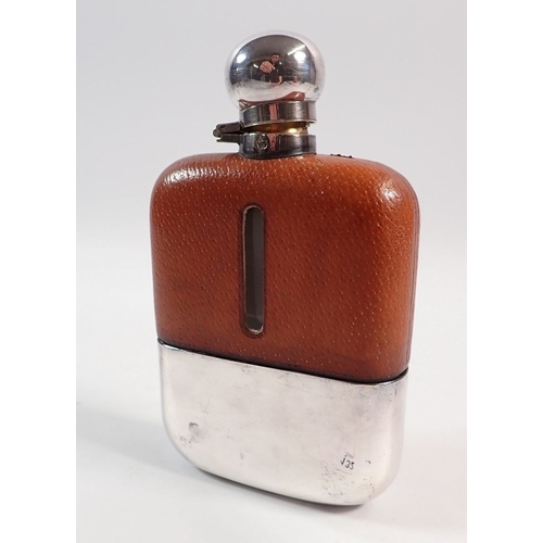 132 - A James Dixon & Son silver plated and leather clad spirit flask, 15cm