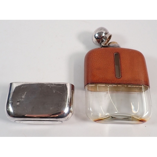132 - A James Dixon & Son silver plated and leather clad spirit flask, 15cm