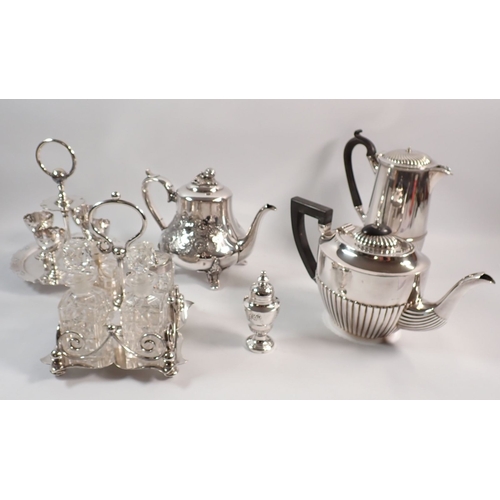 136 - A group of silver plated items including teaware, cruet stand and eggcup stand