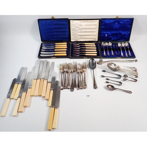 137 - Various silver plated and bone handled cutlery