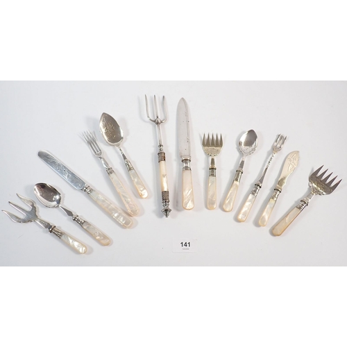 141 - A group of antique serving cutlery with mother of pearl handles