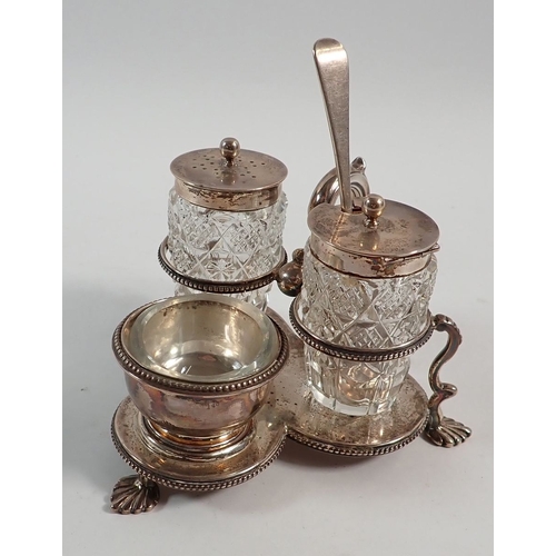 149 - A Victorian silver and cut glass three piece cruet set on stand, 11cm wide, 174g