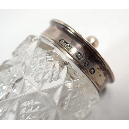 149 - A Victorian silver and cut glass three piece cruet set on stand, 11cm wide, 174g