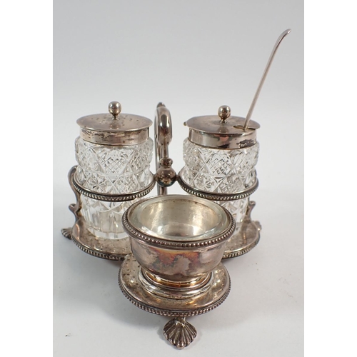 149 - A Victorian silver and cut glass three piece cruet set on stand, 11cm wide, 174g