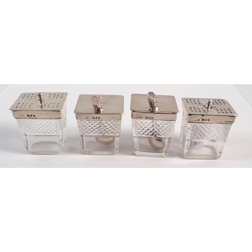 156 - Two pairs of silver and cut glass pepper pots and mustards, London 1892, William Hutton & Sons, 5.5c... 