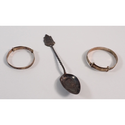 164 - An Edward VII silver coronation spoon and two silver christening bangles, total weight 17g