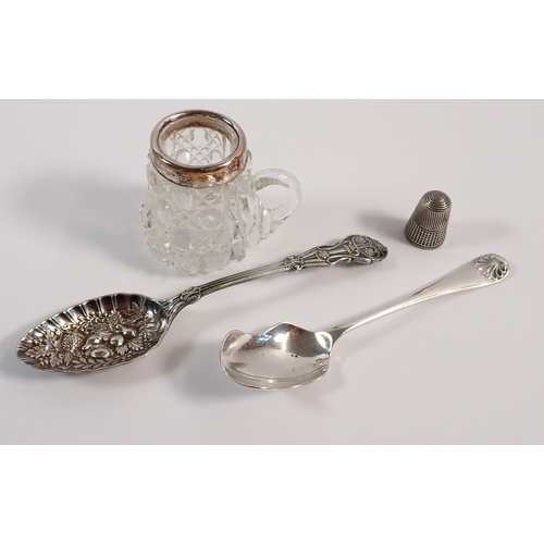 165 - A silver thimble, a cut glass and silver vesta holder, a silver caddy spoon and silver plated jam sp... 