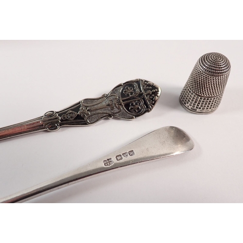 165 - A silver thimble, a cut glass and silver vesta holder, a silver caddy spoon and silver plated jam sp... 