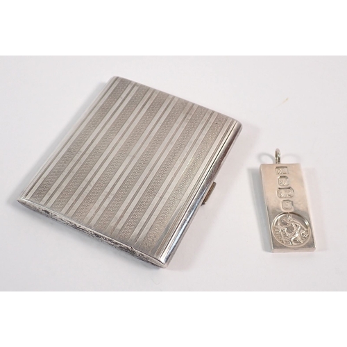 173 - A silver cigarette case, London 1929 and a silver St Christopher ingot pendant, London 1979, total w... 