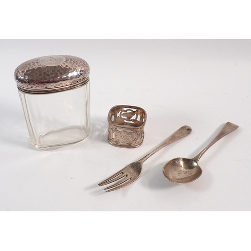 174 - A silver napkin ring, toiletry jar, spoon and fork, weighable silver 119g