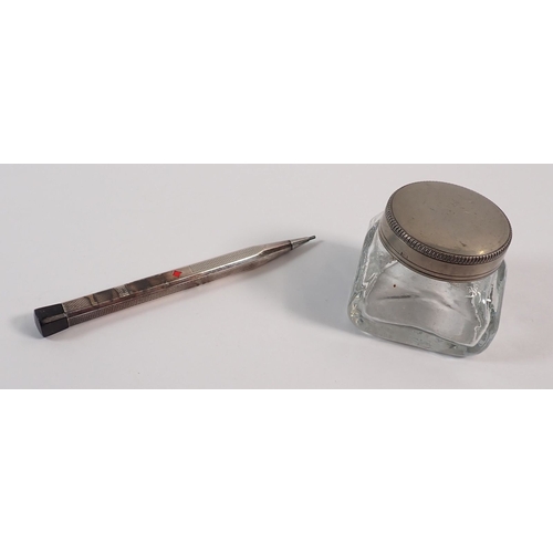 179 - A silver mounted bridge pencil and silver plated inkwell