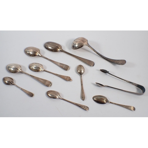 180 - Seven various silver assorted spoons, silver sugar tongs and a small ladle, 319g