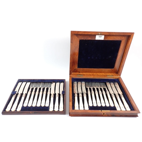 187 - A Victorian silver and mother of pearl set of twelve fruit knives and forks with engraved decoration... 