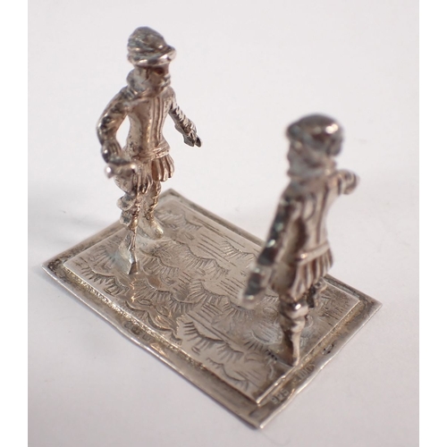 203 - A Chinese white metal group of buffalo pulling cart, 29g and a 925 silver group of two Jacobean men,... 