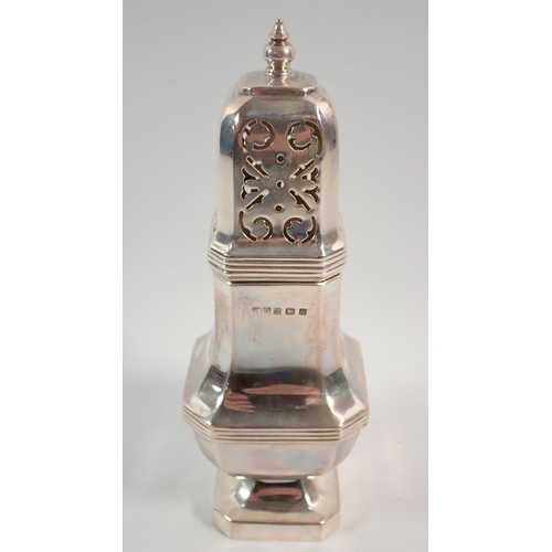 210 - A silver sugar caster of square waisted form by Hampton Utilities, Birmingham 1969, 18cm tall, 172g