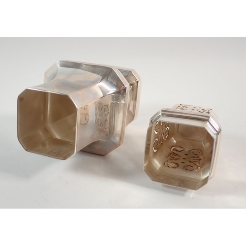 210 - A silver sugar caster of square waisted form by Hampton Utilities, Birmingham 1969, 18cm tall, 172g