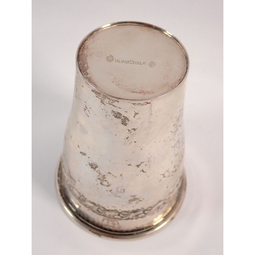 212 - A Danish silver tumbler with enamel plaque 'Spartav' by Heimburger, 11cm tall, 95g