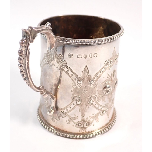213 - A Victorian silver christening mug with embossed rose and panel decoration, by George John Richards ... 