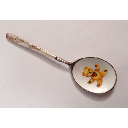 227 - A silver christening spoon with enamel teddy bear to bowl by WW Godwin & Son Ltd, Birmingham 1970, 1... 