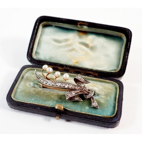 235 - A Victorian diamond and pearl Lily of the Valley form brooch in white and yellow gold, 4.5cm long - ... 