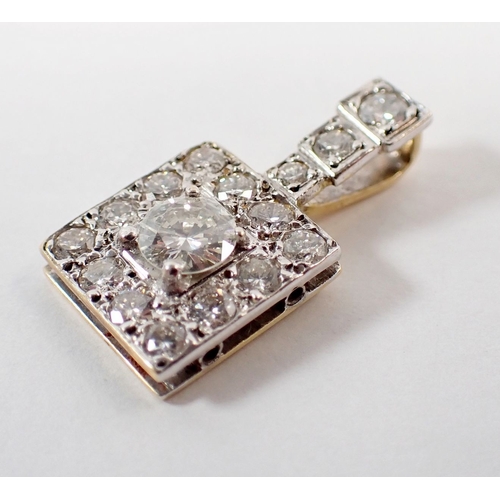 237 - An Art Deco style square diamond pendant,  the central brilliant cut diamond set within diamond surr... 